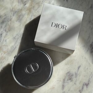 Dior // Silver Leather Round Pouch Vanity Case